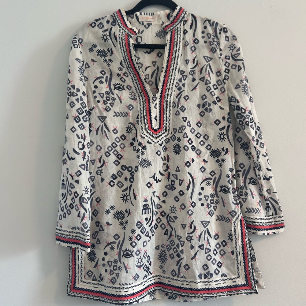 Tory Burch White and Black Patterned Tunic